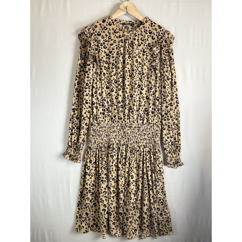 Scotch & Soda Womens Leopard Print Dress Size M Ruffle Shoulder Smocked Waist